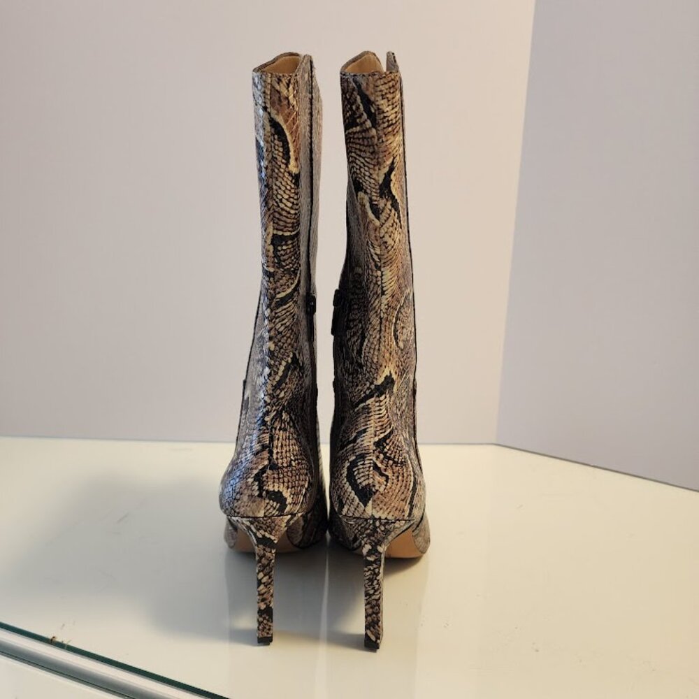 Vince Camuto Tan Snake Print Leather Mid-Calf Heeled Boots - Picture 6 of 11